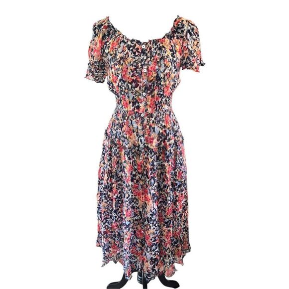 Sundance S Clarisse Floral Dress flutter sleeves smocked waist tiered hem - Picture 2 of 7